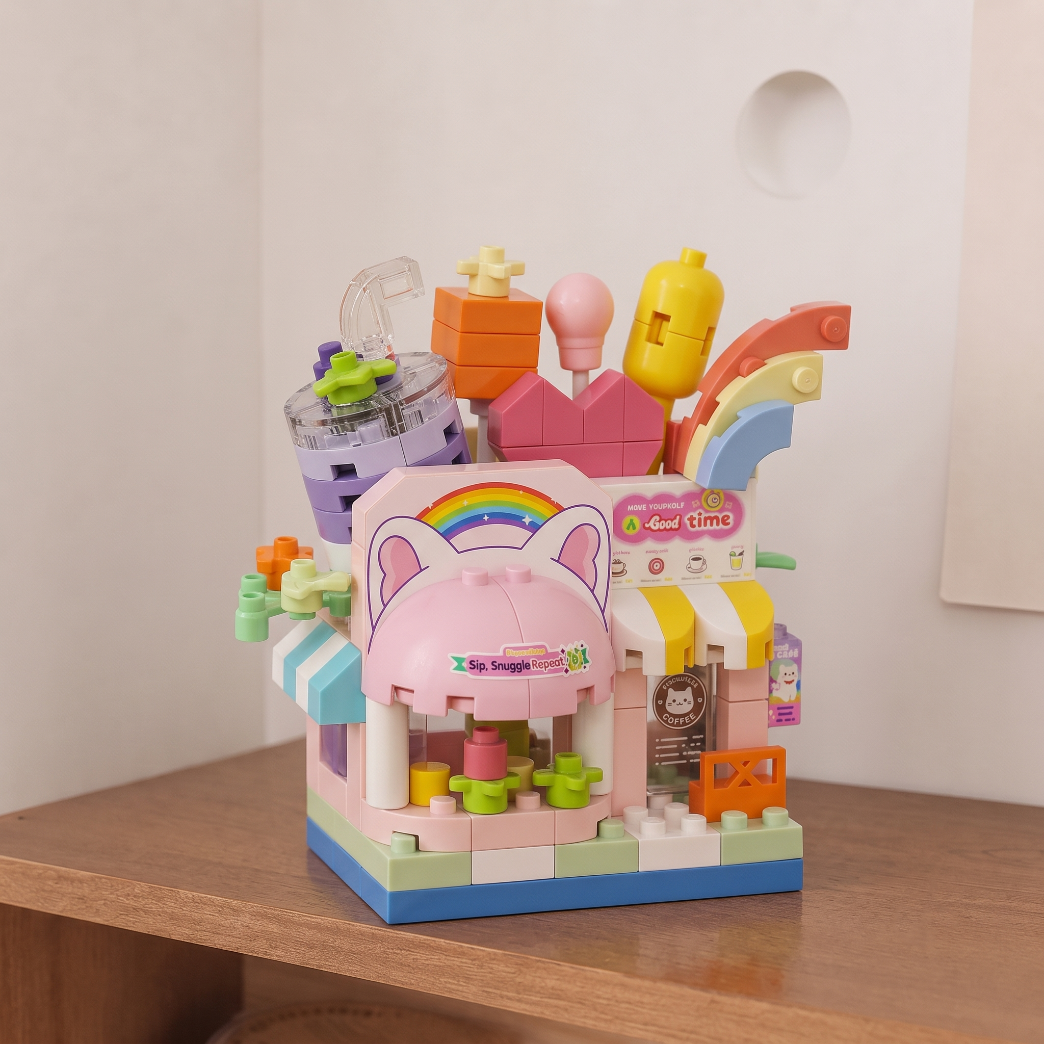 "Cat-Themed Sweet Drink Café" Miniature Streetscape Building Block Set