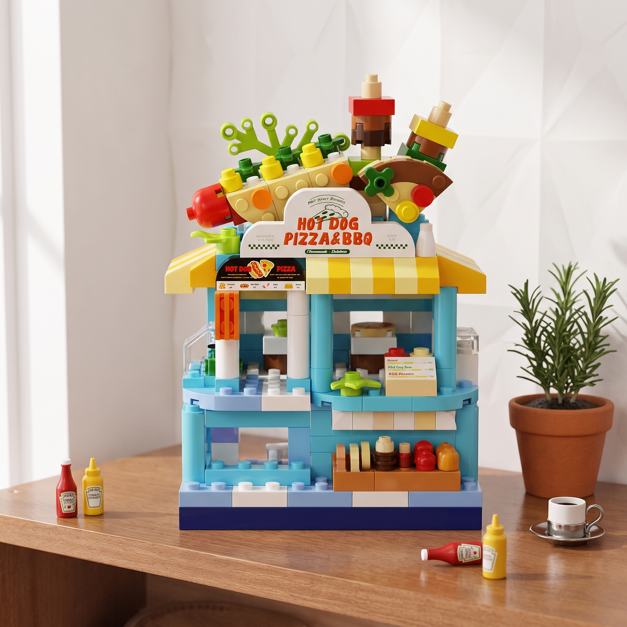 "Hot Dog Pizza & BBQ" Miniature Streetscape Building Block Set