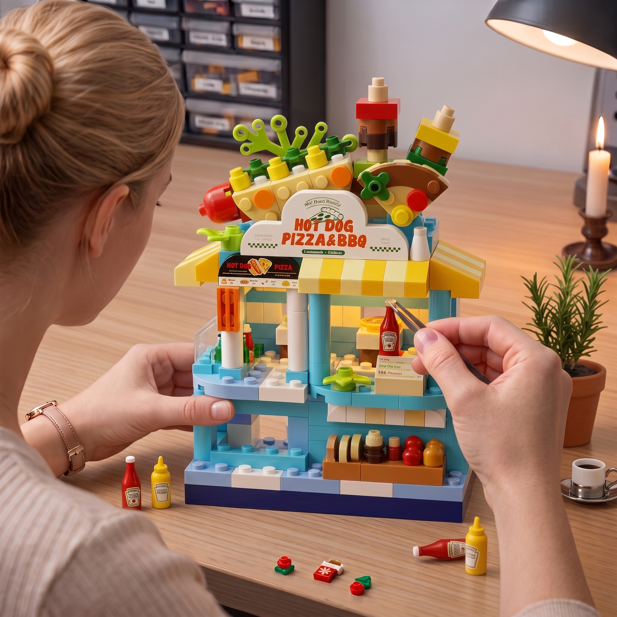 "Hot Dog Pizza & BBQ" Miniature Streetscape Building Block Set