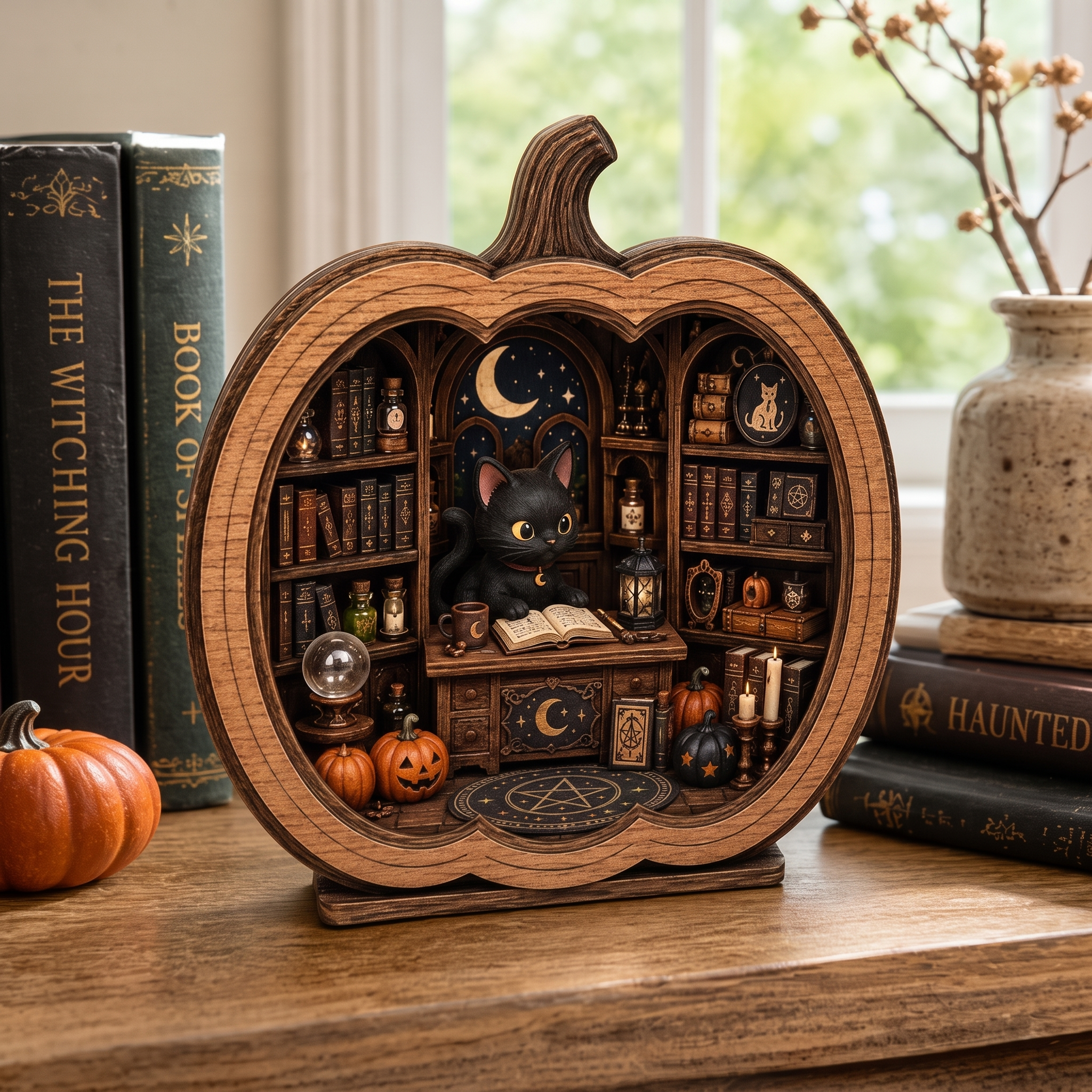 "Magical Pumpkin House" Black Cat Bookend