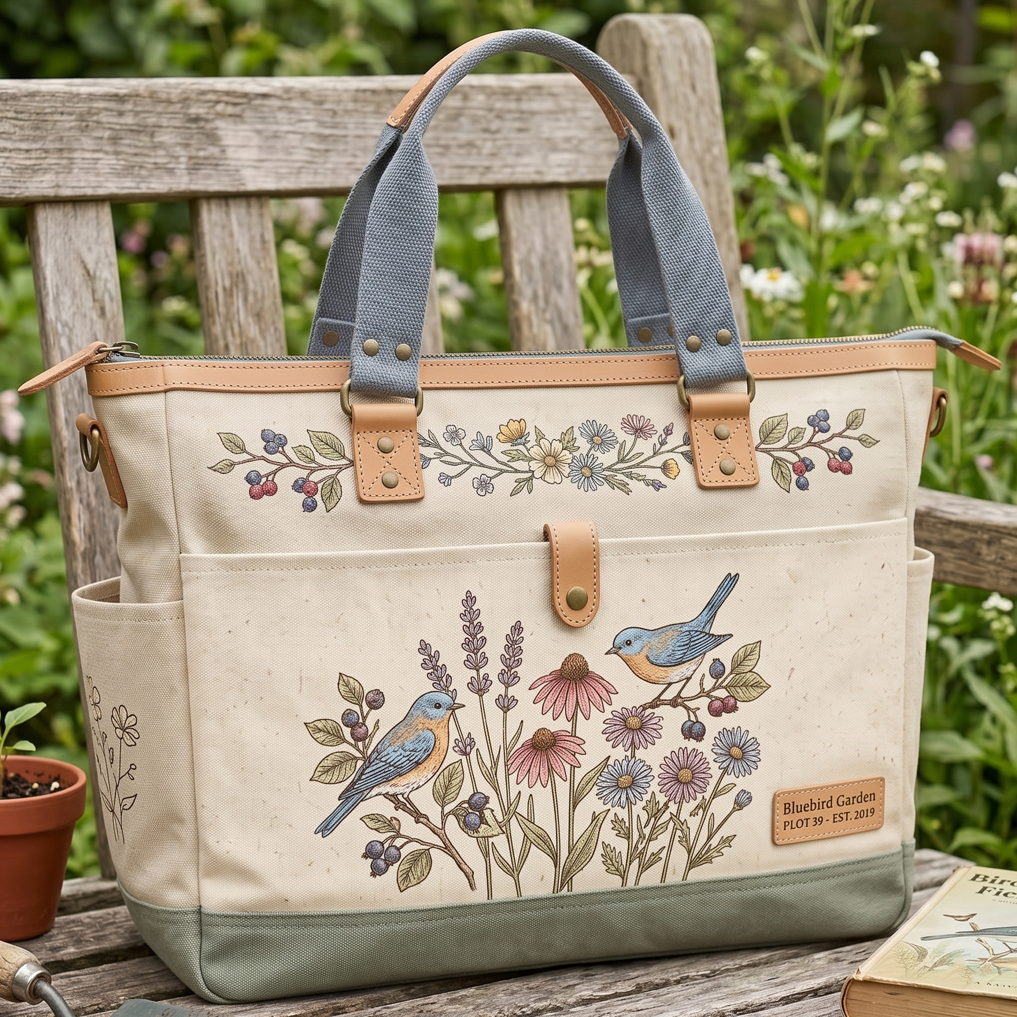 Bluebird Garden Retro hand-painted style multi-pocket canvas tote bag
