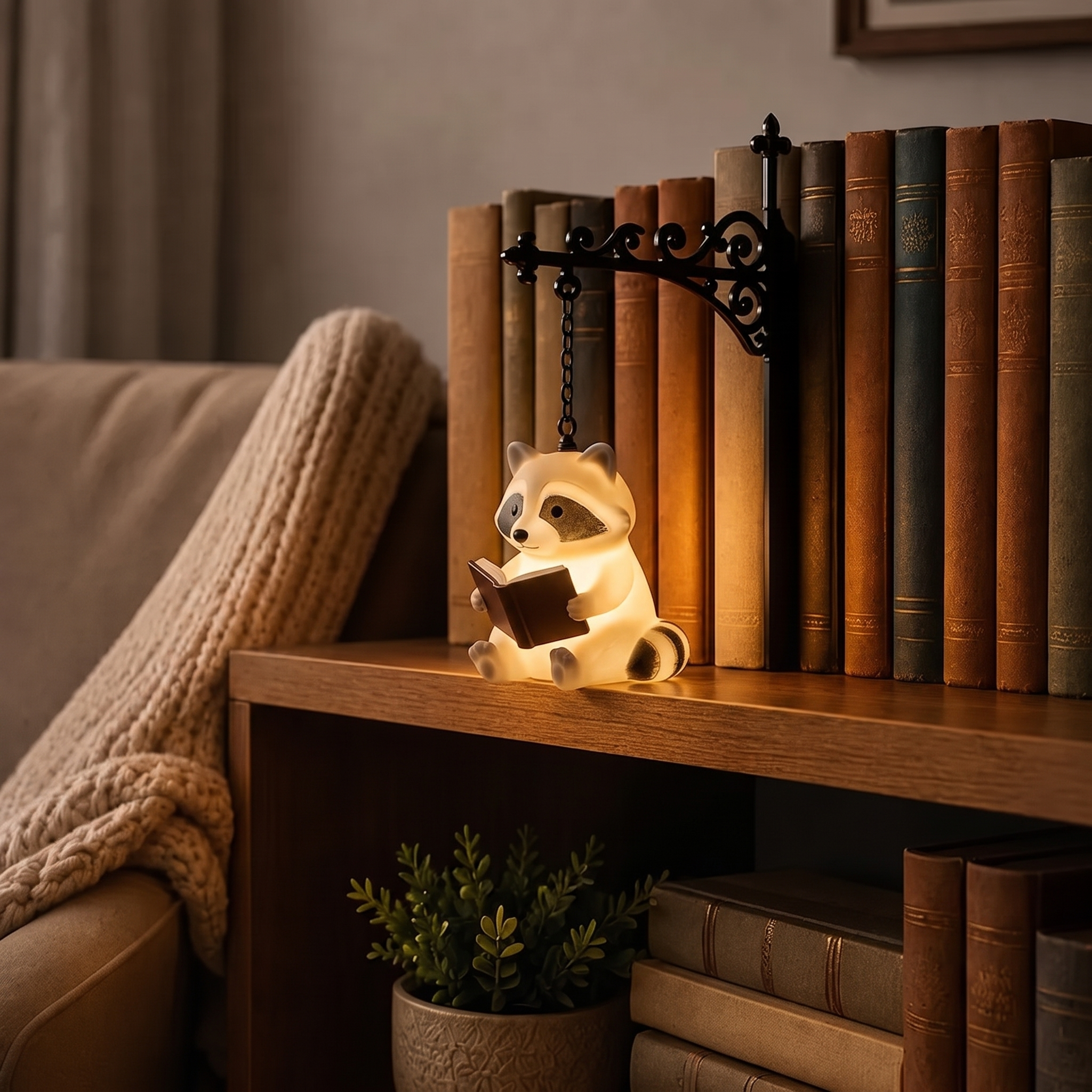 "Reading Raccoon" 3D Illuminating Bookend
