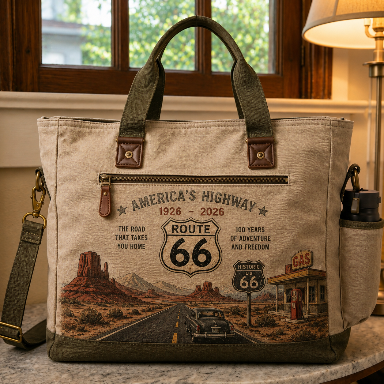 "Route 66 Centennial Edition" (1926–2026) Heavyweight Canvas Retro Tote Bag