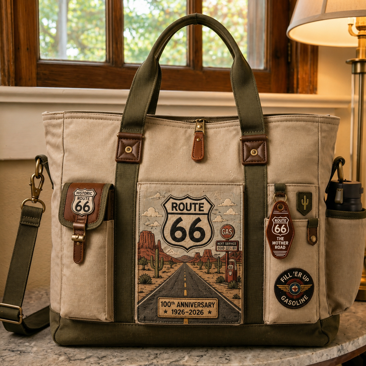 "Route 66 Centennial Edition" (1926–2026) Heavyweight Canvas Retro Tote Bag