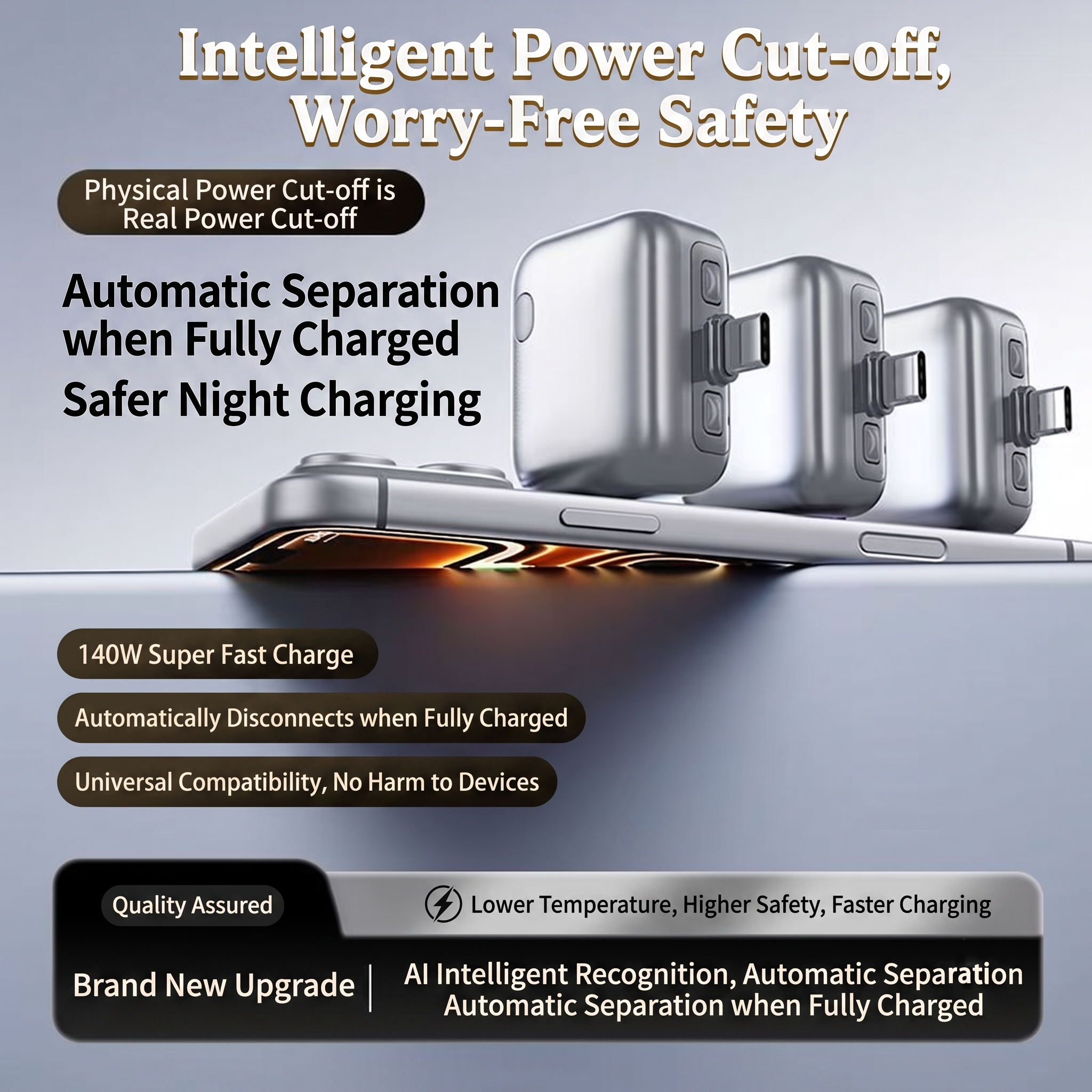 Automatic Disconnector: AI-powered full-charge detection, automatic power cutoff, and unplugging.