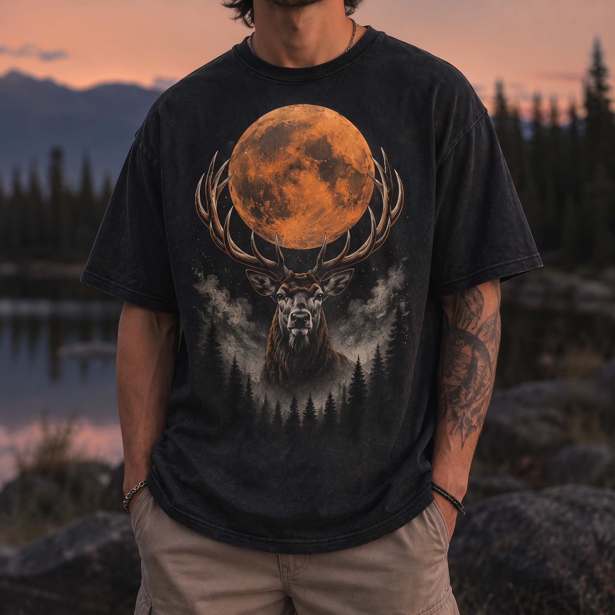Blood Moon & Wilderness Stag Men's T-Shirt