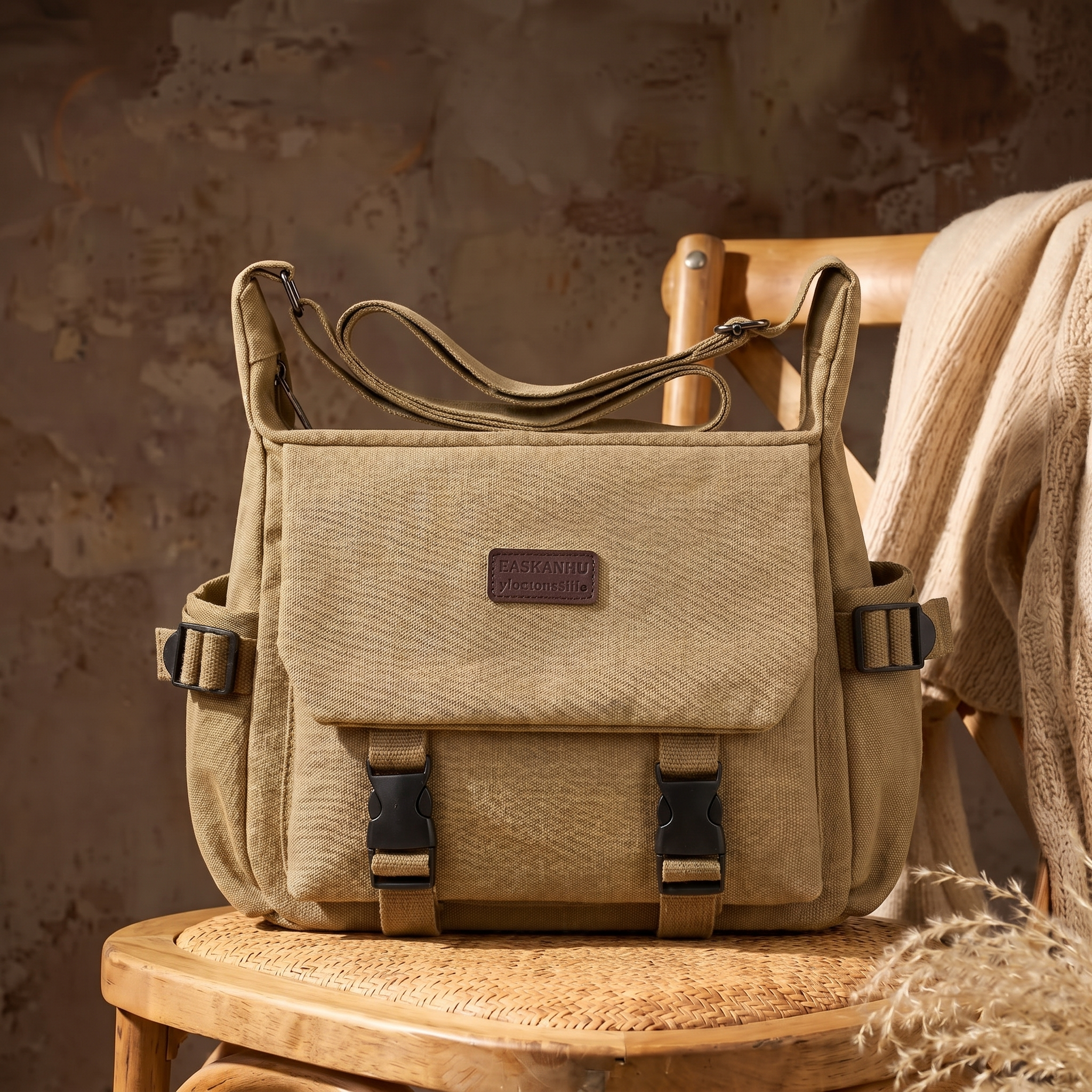 Vintage-style khaki multifunctional canvas flap crossbody bag
