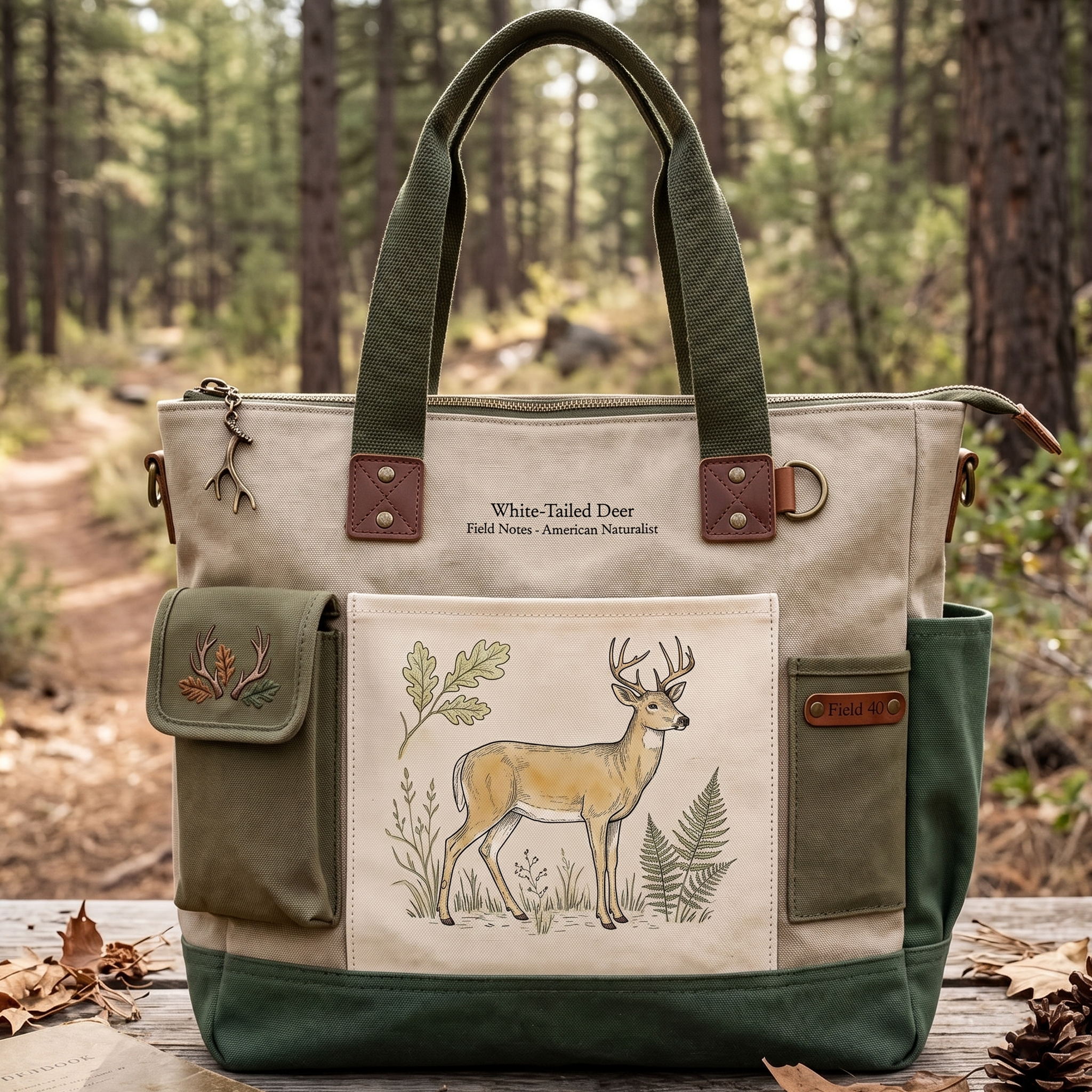 "White-Tailed Deer" Vintage Nature-Themed Multi-Pocket Canvas Tote Bag