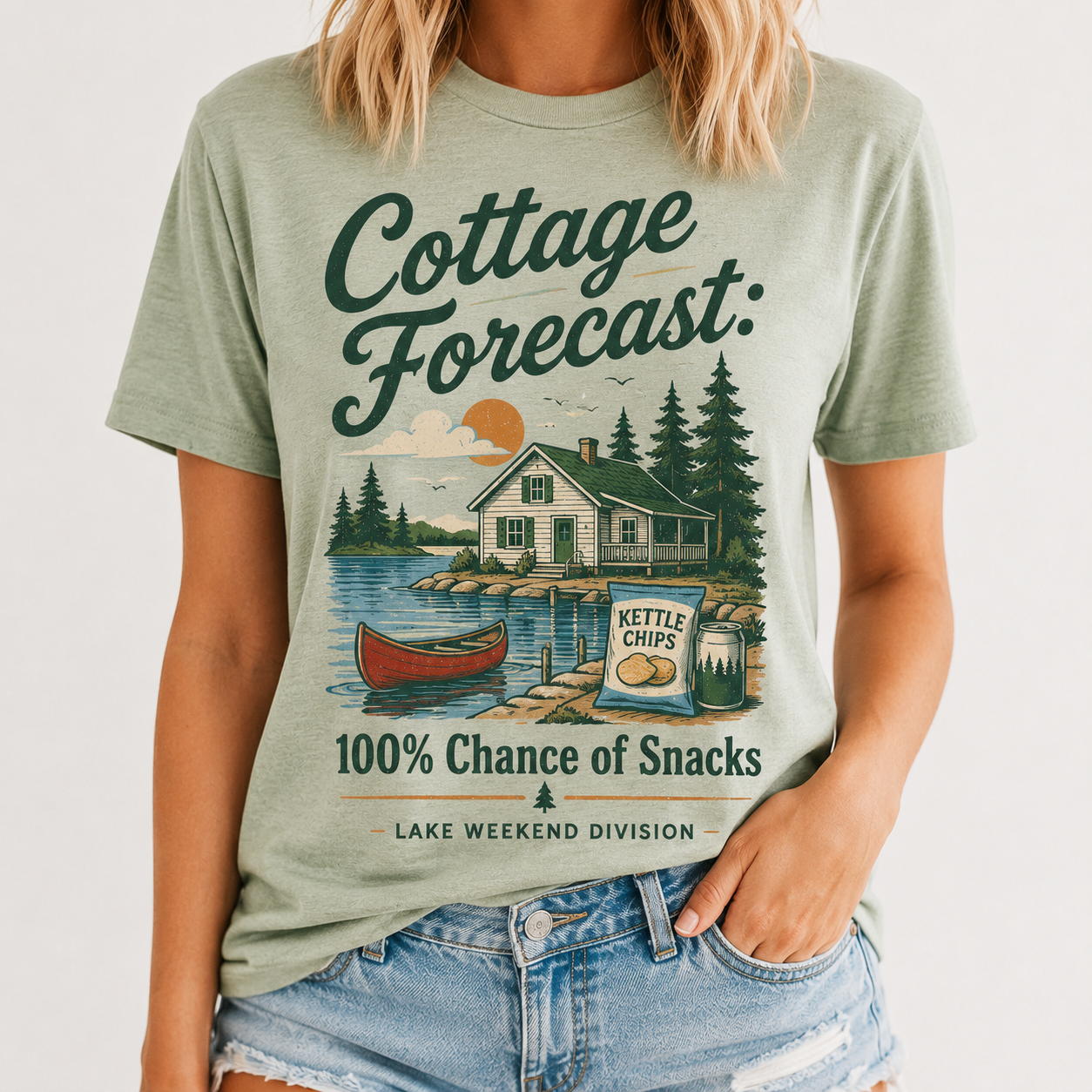 "Cottage Forecast: 100% Chance of Snacks" Lake Weekend Women's T-shirt