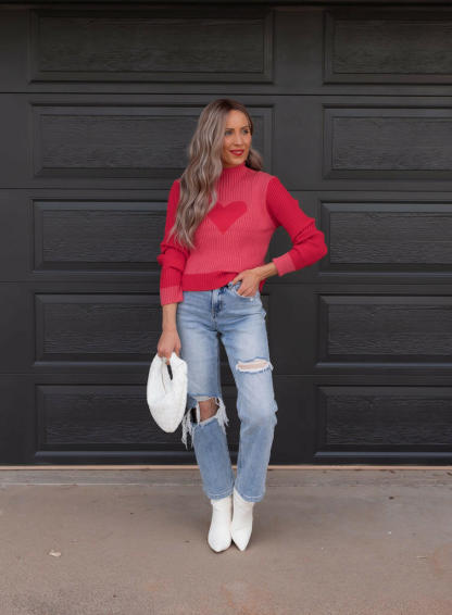 💖💖New Valentine's Day Love Heart Peach Round Neck Pullover Knit Sweater - Hot Selling for Exporters