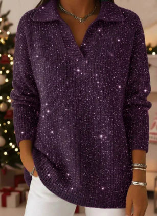 🎄 New Arrivals🔥 Christmas Party Polo Collar Shiny Loose Sweater Top