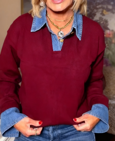 🎁 Clearance Sale🔥Women Laple Collar Denim Patchwork Sweater Casual Top