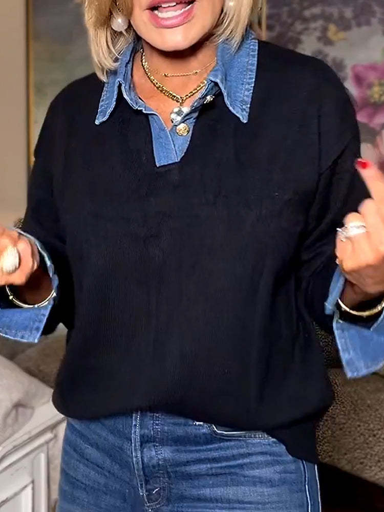 🎁 Clearance Sale🔥Women Laple Collar Denim Patchwork Sweater Casual Top