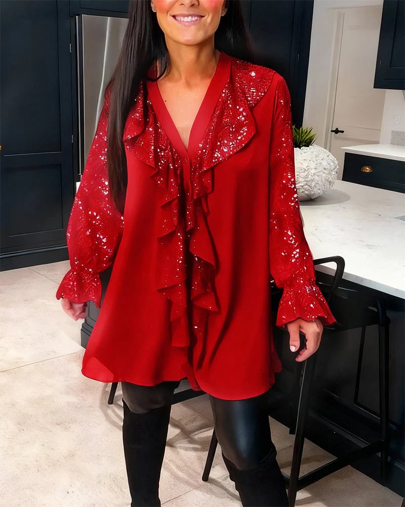 🎁New Arrival!🔥V-Neck Sequin Long Sleeve Chiffon Blouse with Shiny Ruffles