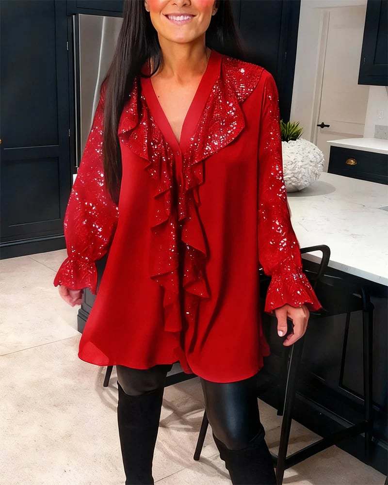 🎁New Arrival!🔥V-Neck Sequin Long Sleeve Chiffon Blouse with Shiny Ruffles