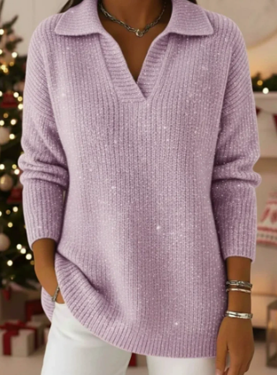 🎄 New Arrivals🔥 Christmas Party Polo Collar Shiny Loose Sweater Top