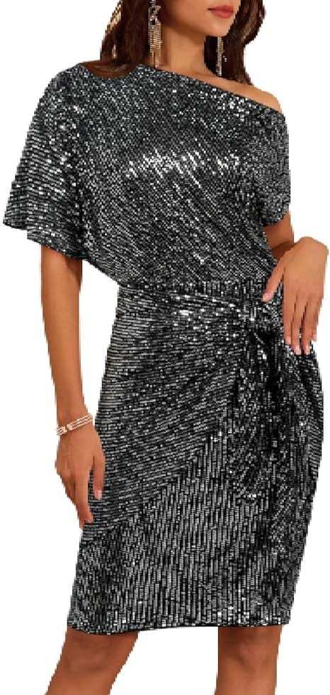 Clearance Sale🔥Women's one-shoulder pleated sequined elegant mini dress