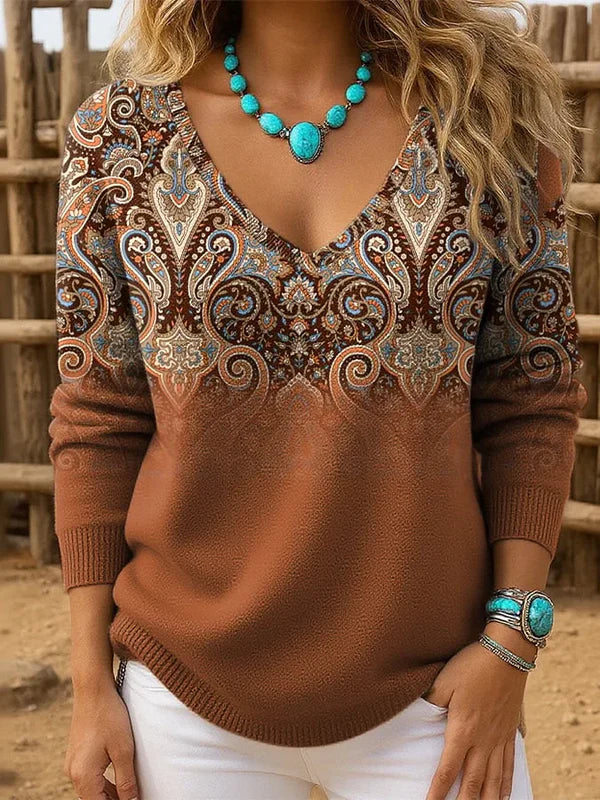 🎁Bestselling model 🔥Retro Peacock Paisley Gradient V-Neck Sweater