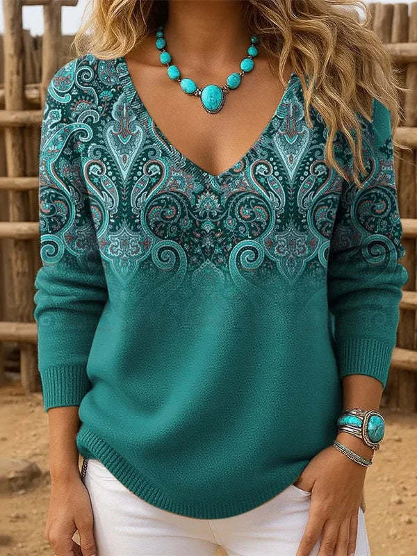 🎁Bestselling model 🔥Retro Peacock Paisley Gradient V-Neck Sweater