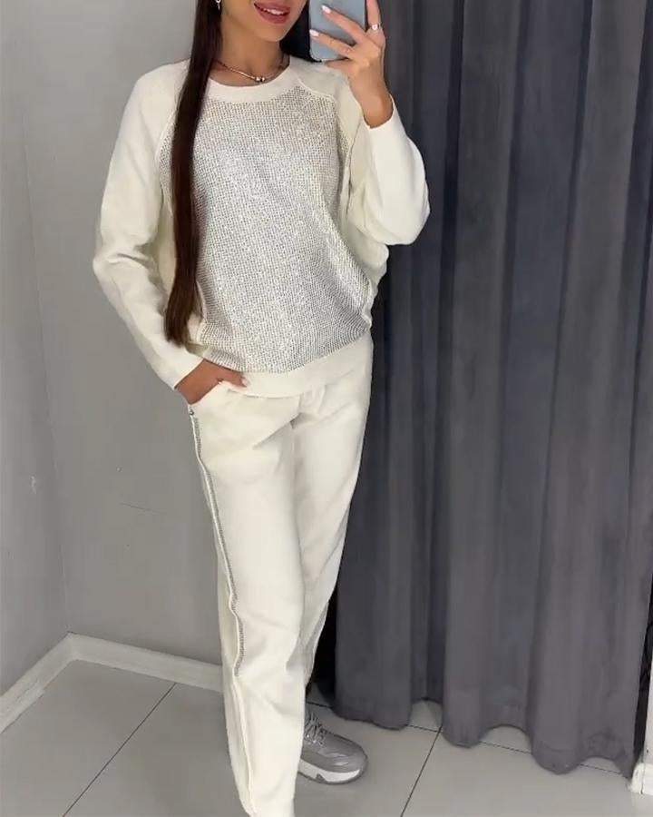 🔥Limited-time promotion 👚Women's pure cotton casual round neck rhinestone sports pocket set