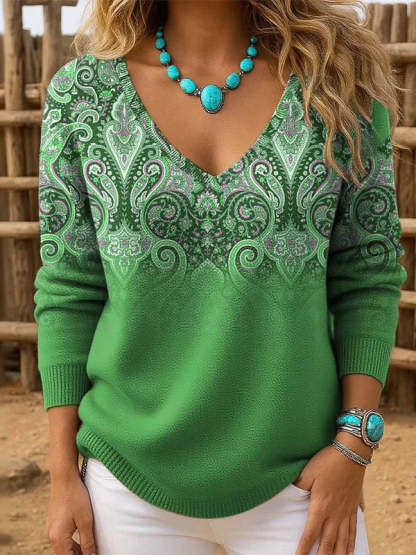 🎁Bestselling model 🔥Retro Peacock Paisley Gradient V-Neck Sweater
