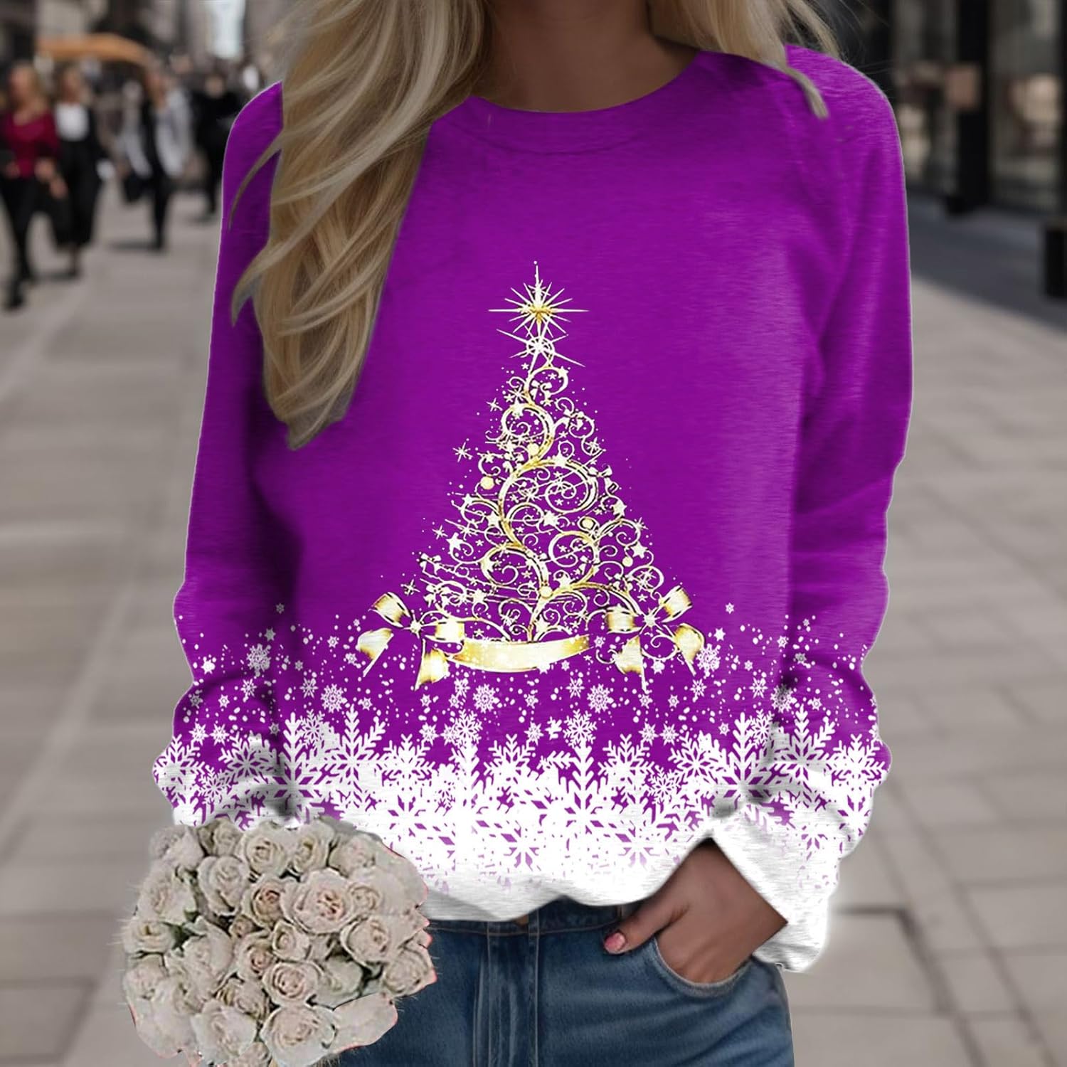 🎄 New Arrivals🔥New Christmas Round Neck Pullover Long-Sleeve T-Shirt with Christmas Tree Print