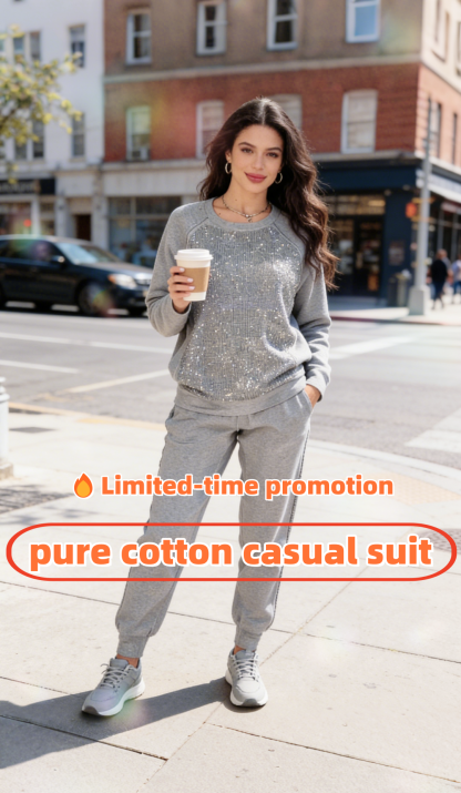 🔥Limited-time promotion 👚Women's pure cotton casual round neck rhinestone sports pocket set