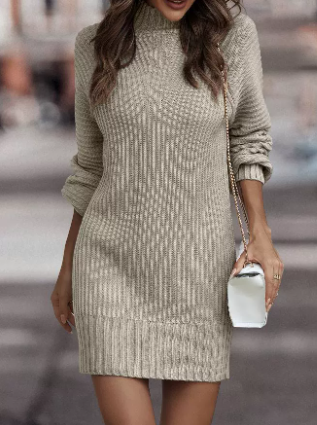 Women Classic Solid Color Mock Neck Dress Casual Lantern Long Sleeved Knitted Sweater Frock