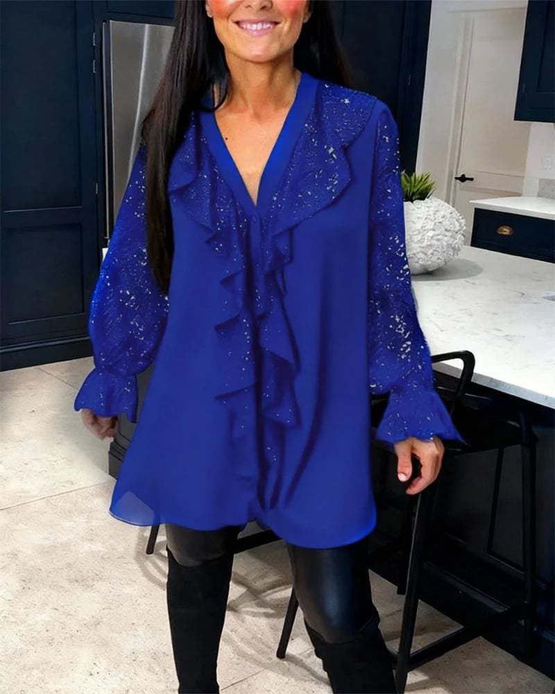 🎁New Arrival!🔥V-Neck Sequin Long Sleeve Chiffon Blouse with Shiny Ruffles