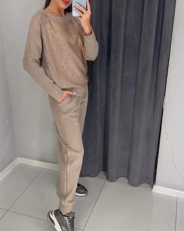 🔥Limited-time promotion 👚Women's pure cotton casual round neck rhinestone sports pocket set