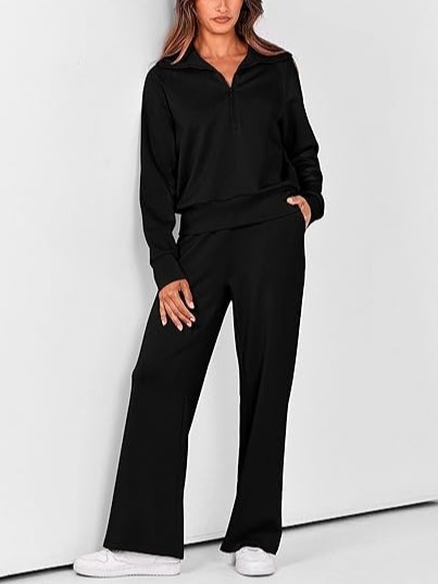 🎁 Clearance Sale🔥Women's Lapel Half Zip Sweatshirts And Wide Leg Pants Tracksuit Sets 