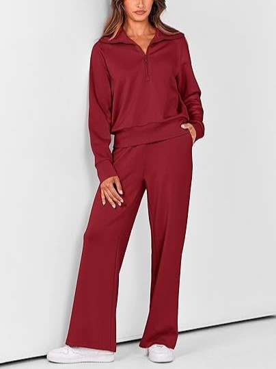 🎁 Clearance Sale🔥Women's Lapel Half Zip Sweatshirts And Wide Leg Pants Tracksuit Sets 