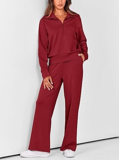 Women's Lapel Half Zip Sweatshirts And Wide Leg Pants Tracksuit Sets (