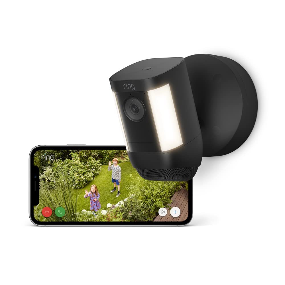 Ring Videocamera Pro con faretti cablata Spotlight Cam Pro Wired - Video 2K, Ring Vision, rilevazione di movimento 3D, alternativa a sistema CCTV - Prova gratuita di 30 giorni di Ring Home-Comfyia