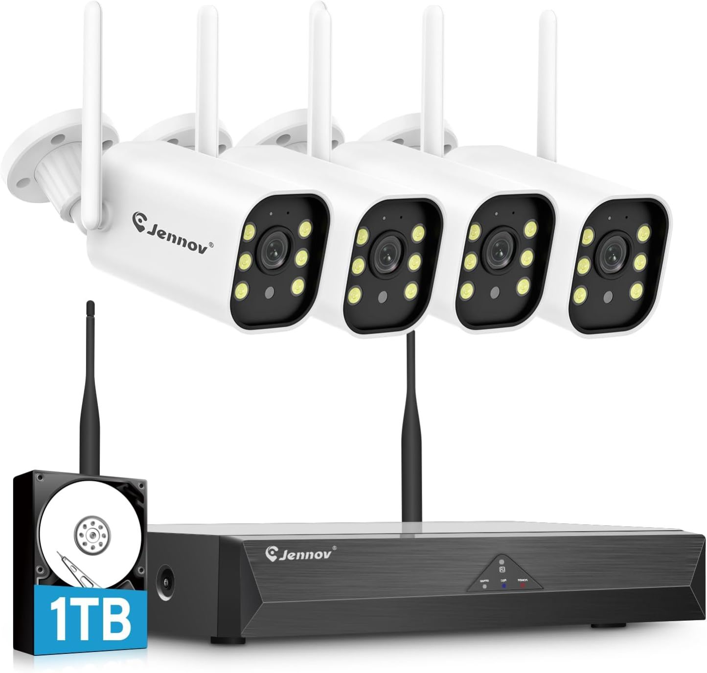 Jennov 5MP Kit Videosorveglianza WiFi, 10CH 5MP WiFi NVR mit 4X Telecamere WiFi mit Grandangolo a 120 gradi, Registrazione 24 7, Rilevamento Persona, Audio Bidirezionale, Visione Notturna a Colori, 1TB-Comfyia