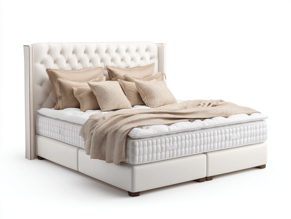Letto boxspring imbottito 180×200 cm – similpelle bianca – con materasso incluso e cuscini decorativi-Comfyia