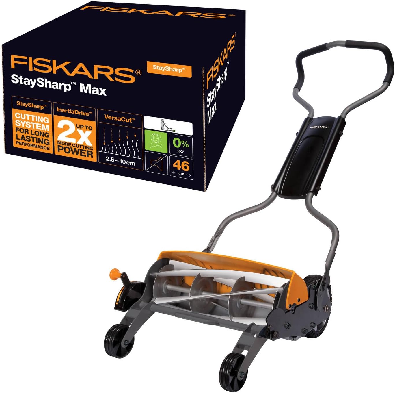 Fiskars Tosaerba manuale, Tosaerba a cilindro con sistema di taglio senza attrito di lame, Larghezza di taglio: 46 cm, StaySharp Max, Nero Arancione Argento, 1000591-Comfyia