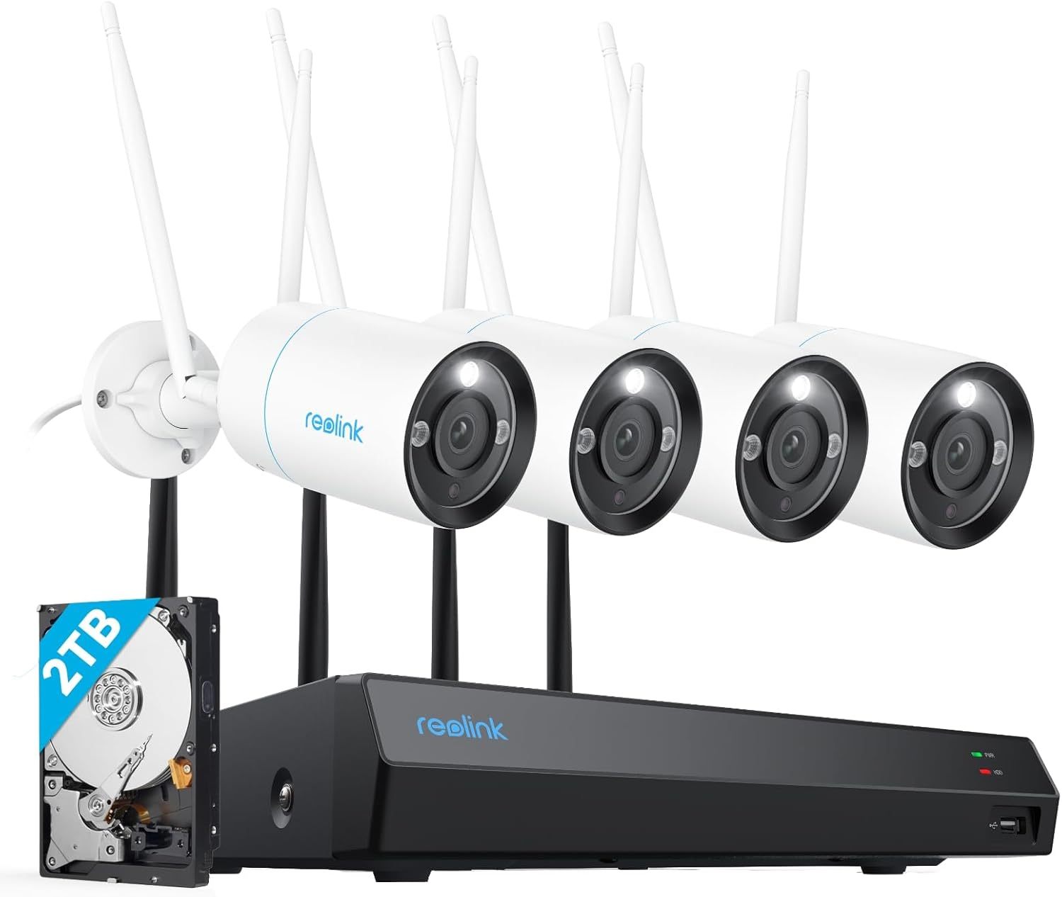 Reolink 4K Kit Videosorveglianza Wi-Fi 6, Doppia Banda 2,4 5 GHz, Rilevamento di Uomo Veicolo, Visione Notturna a Colori, Audio a 2 Vie, 4x Telecamera Wi-Fi Esterno NVR WiFi 12CH 2TB, RLK12-800WB4-Comfyia