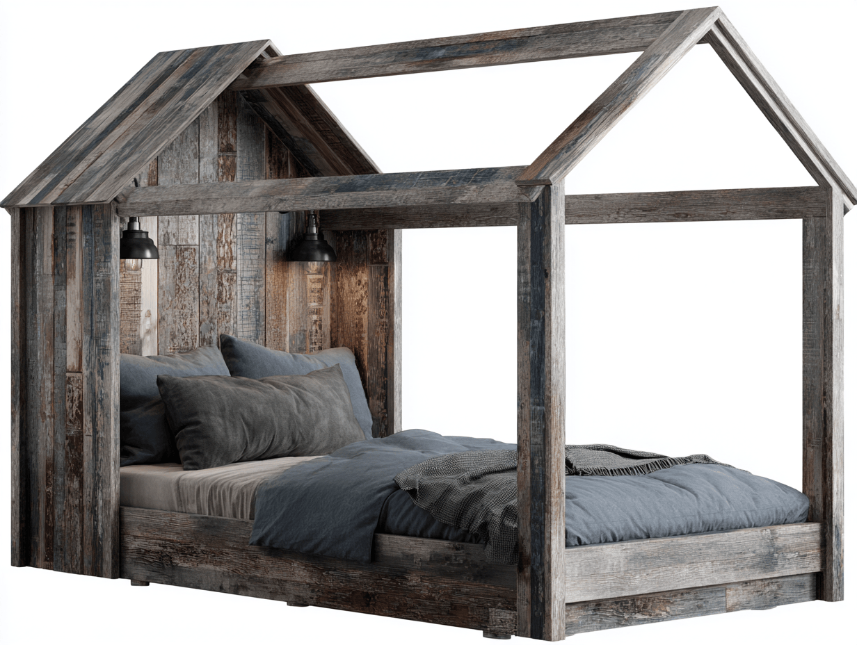 Letto a casetta in legno 200×120 cm – effetto legno rustico – con illuminazione e cuscini