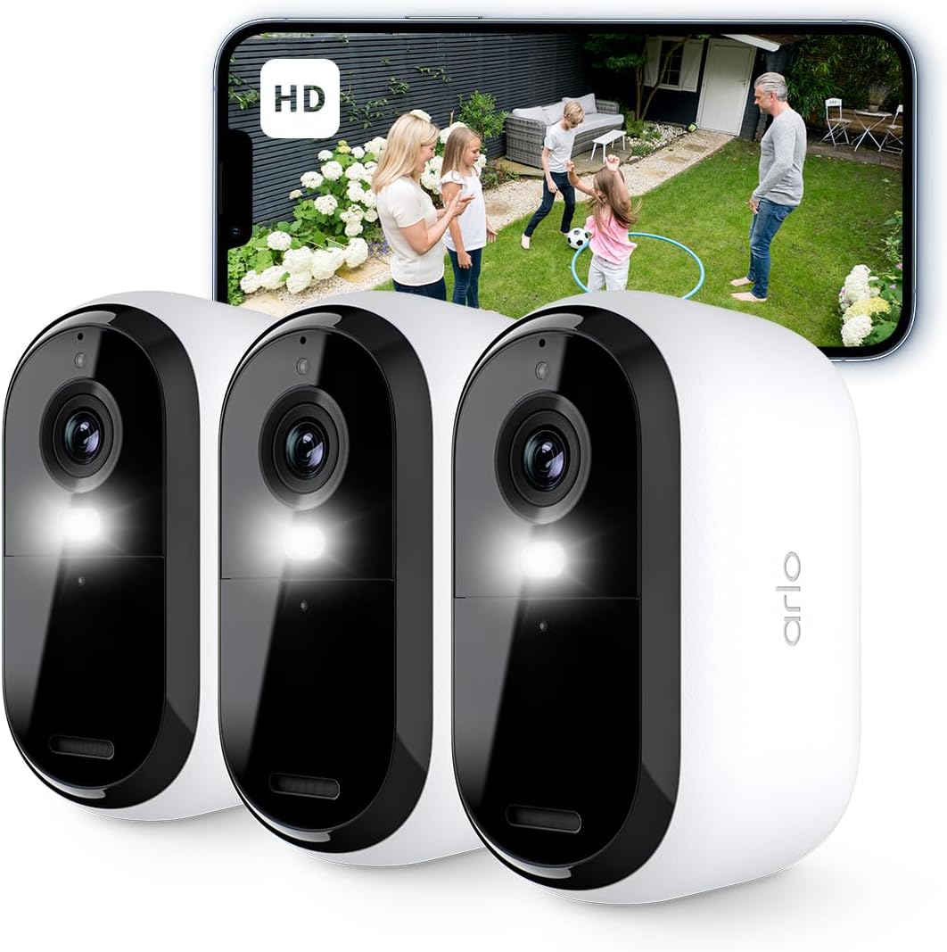 Arlo Essential HD Telecamera WiFi Esterno Senza Fili, Telecamera WiFi Interno, Sirena Allarme Casa, Sensore Di Movimento, Visione Notturna A Colori, Prova Inclusa Arlo Secure, 3 Telecamere, Bianche-Comfyia