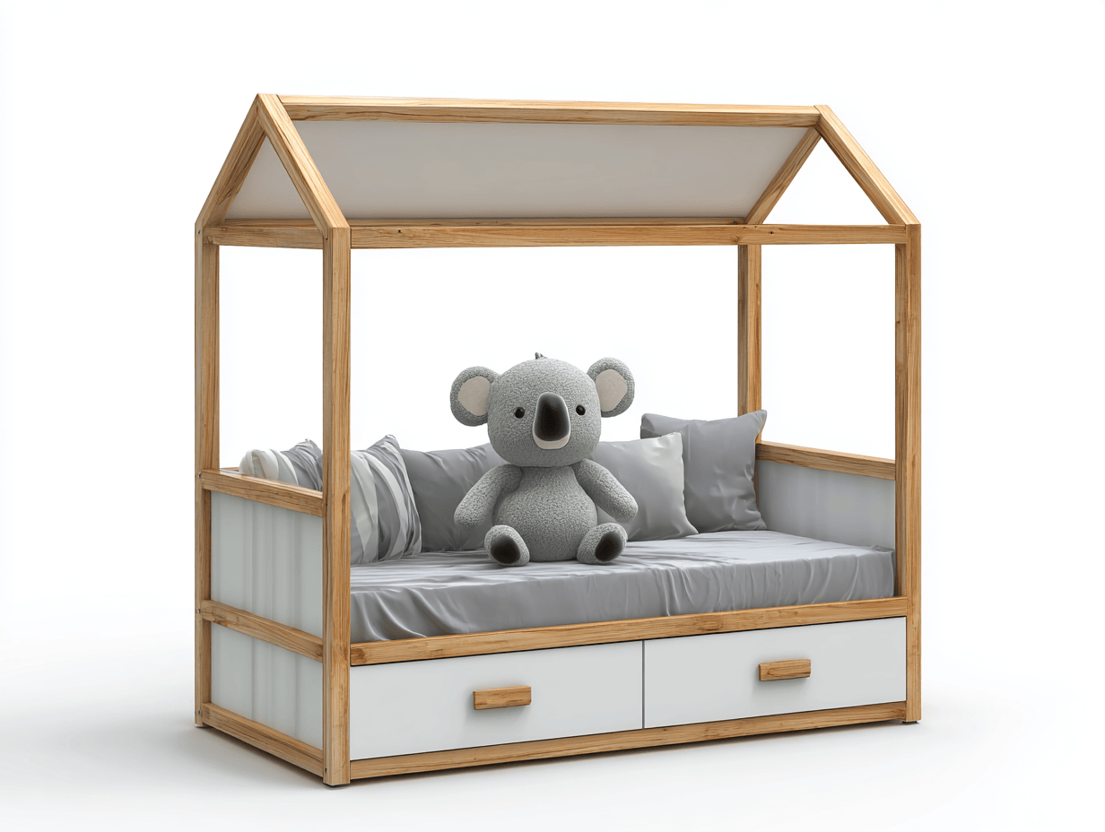 Letto a casetta con cassetti in legno di pino e MDF 90×200 cm – bianco/naturale – con schienale e cuscini decorativi-Comfyia