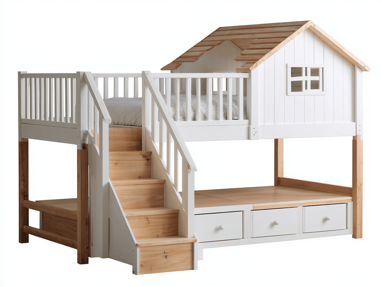 Letto a casetta rialzato in legno 200×100 cm – bianco/legno naturale – con scala cassetti e area gioco-Comfyia