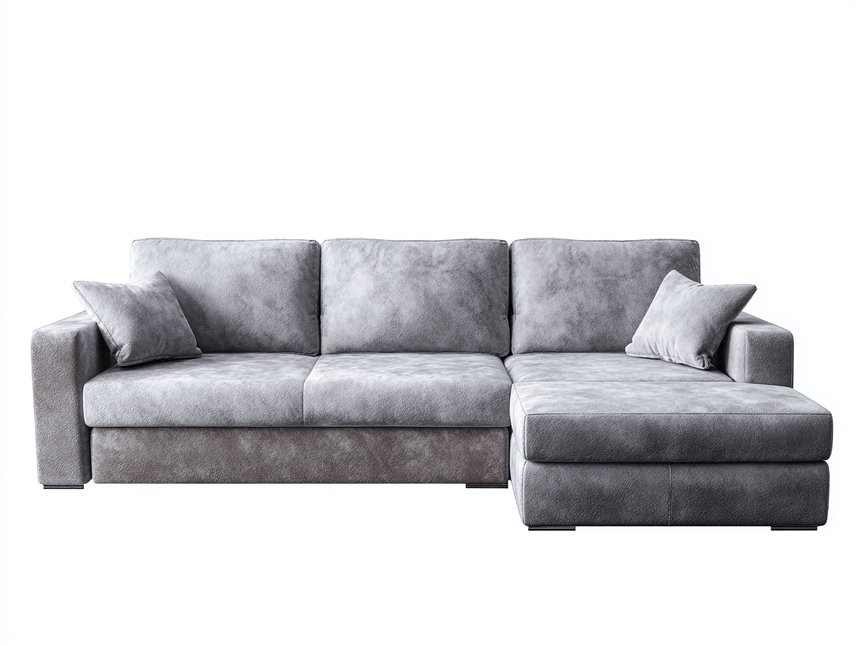 Divano angolare in tessuto 280×182×92 cm – grigio – con chaise longue e cuscini