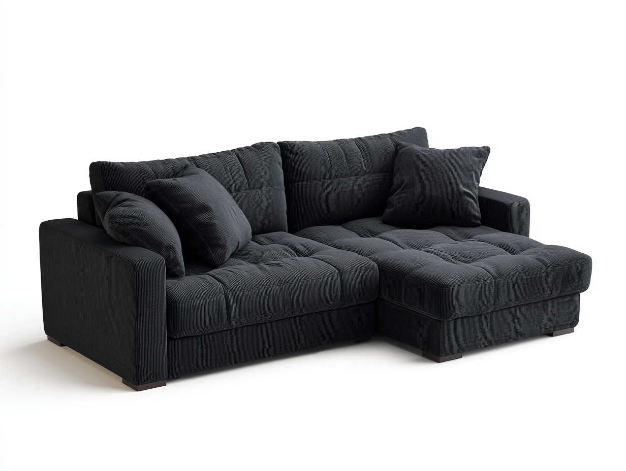 Divano angolare tessuto 210×175 cm – nero – con chaise longue e gambe in legno