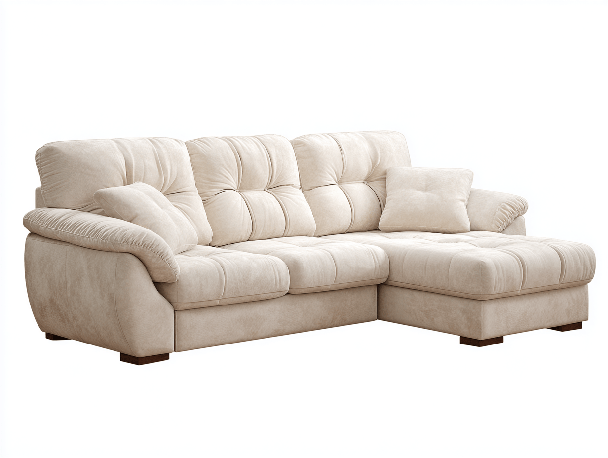 Divano angolare in tessuto 280×180×95 cm – beige – con chaise longue e cuscini