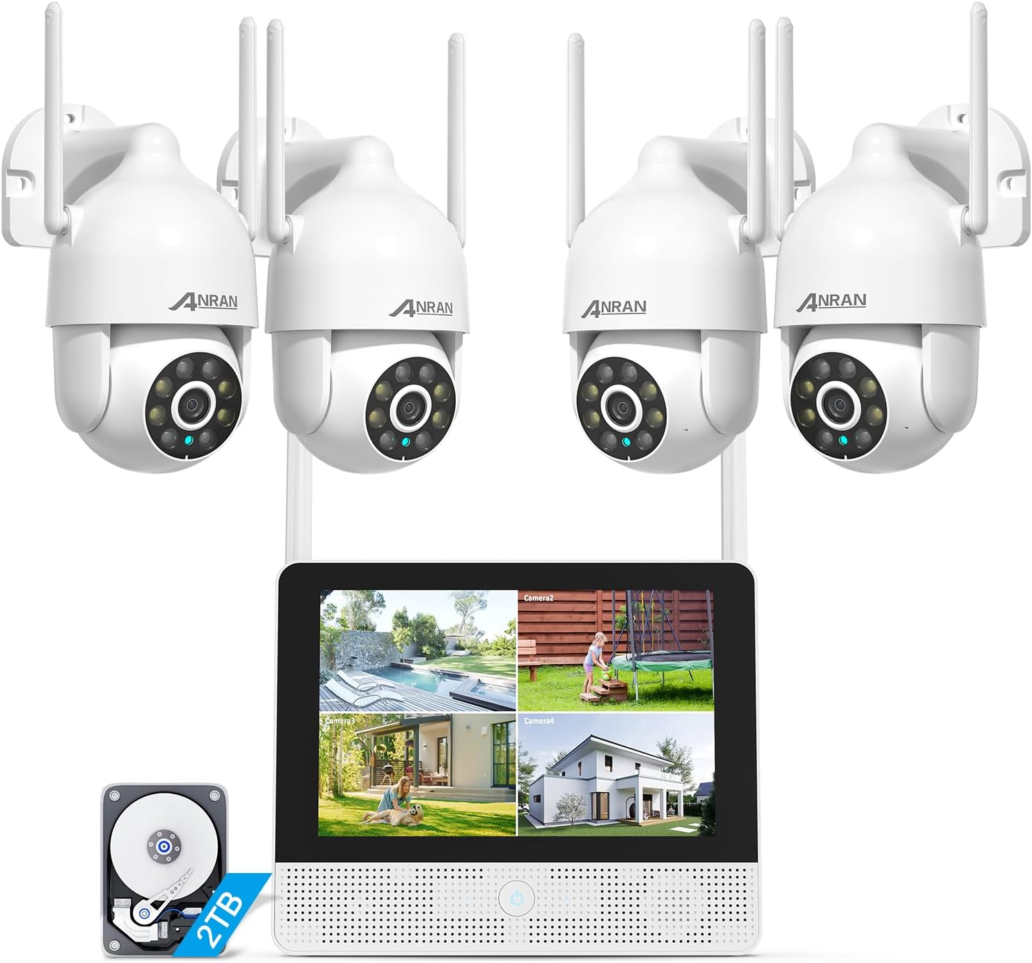 ANRAN 3K Kit Videosorveglianza Wi-Fi 6 con 10,5 pollici Monitor, 8CH NVR HDD 2TB, 4X5MP PTZ Telecamere WiFi Esterno, Rilevamento AI, Tracciamento Movimento, Notturna a Colori, Registrazione 24 7, IP67-Comfyia