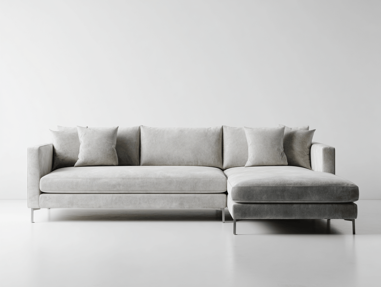 Divano angolare tessuto 290×185 cm – grigio chiaro – con chaise longue e gambe in metallo