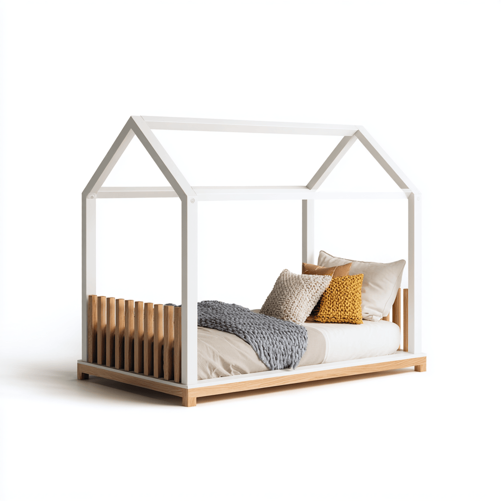 Letto a casetta in legno 160×80 cm – bianco/legno chiaro – con cuscini decorativi e struttura aperta