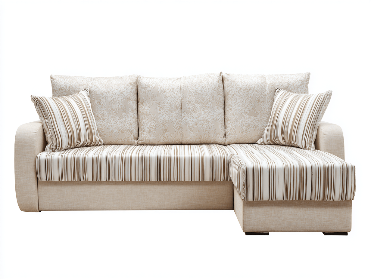 Divano angolare tessuto 285×175 cm – beige fantasia righe/floreale – con chaise longue e cuscini