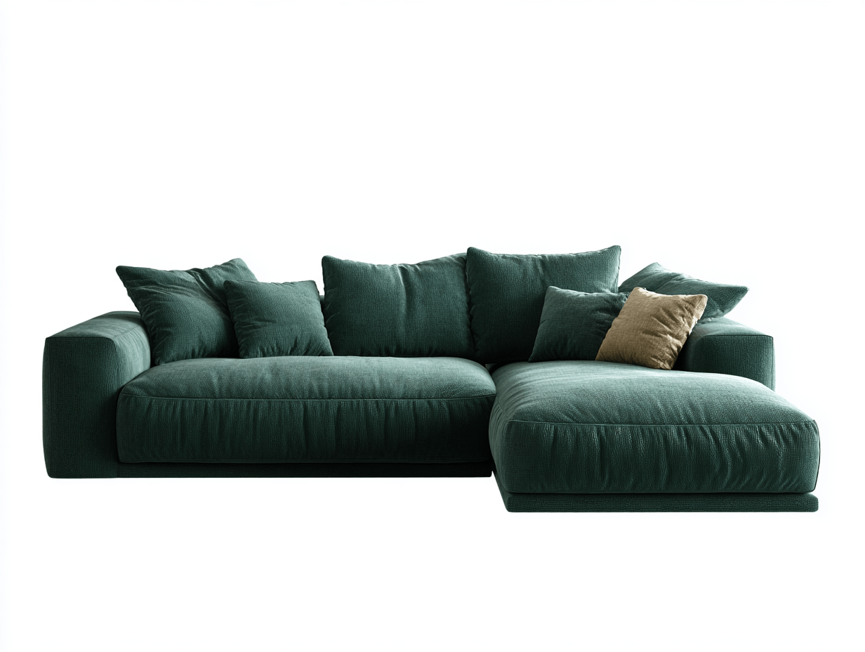 Divano angolare 285×175×86 cm – tessuto – verde – con chaise longue e cuscini